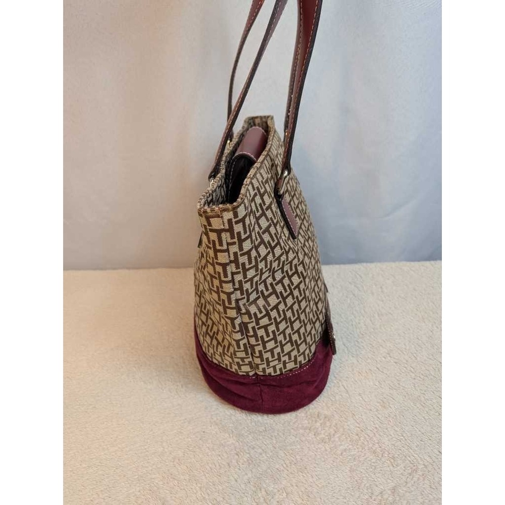 Tommy Hilfiger Monogram Tote Bag Burgundy Leather Trim Shoulder‎ Bag - Picture 4 of 11